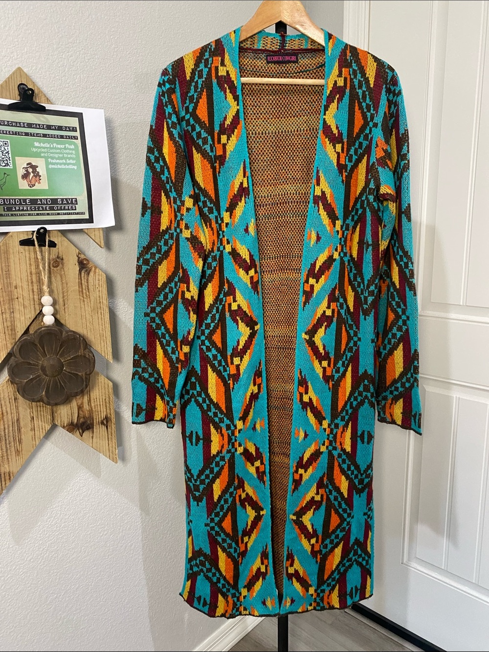 Rock & Roll Cowgirl Turquoise Orange Brown Aztec Open Cardigan - Picture 1 of 5